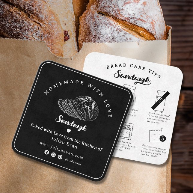 Modern Black Homemade Sourdough Bread Care Tips Quadratische Visitenkarte (Modern Black Homemade Sourdough Bread Care Tips Square Business Card)