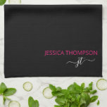 Modern Black Hot Pink Simple Script Monogram Name  Geschirrtuch<br><div class="desc">mit Monogramm,  einfacher Skriptname und erstklassiger moderner und eleganter,  mädchenhaft-stylischer Black and Hot Pink Mit Girly Gray Initials Ihren Namen hinzufügen. Dieses personalisierte Küchenhandtuch-Set ist perfekt für Sweet 16,  1,  21,  30,  40,  50,  60,  70.,  Geburtstagsparty,  Hochzeiten,  Gastgeschenk,  Weihnachtsgeschenk,  Quinceanera,  Abschluss,  Brautparty,  Junggeselinnen-Abschied,  Jubiläum oder Kinderdusche.</div>