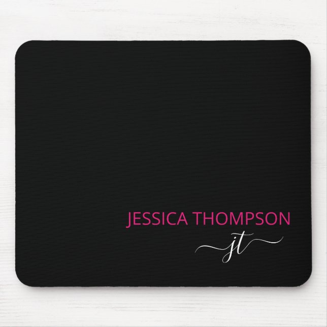 Modern Black Hot Pink Simple Script Monogram Name  Mousepad (Vorne)