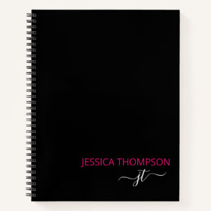 Modern Black Hot Pink Simple Script Monogram Name Notizbuch