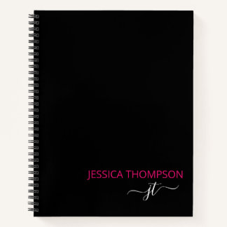 Modern Black Hot Pink Simple Script Monogram Name Notizbuch