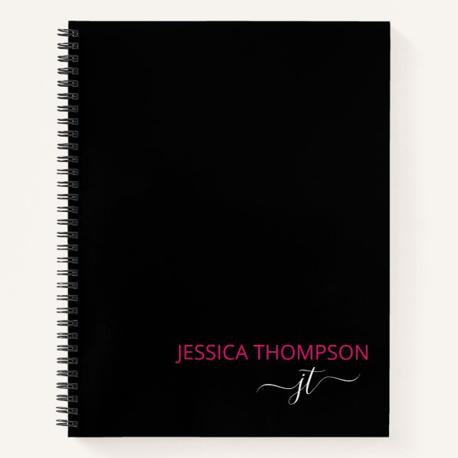 Modern Black Hot Pink Simple Script Monogram Name Notizbuch (Vorderseite)