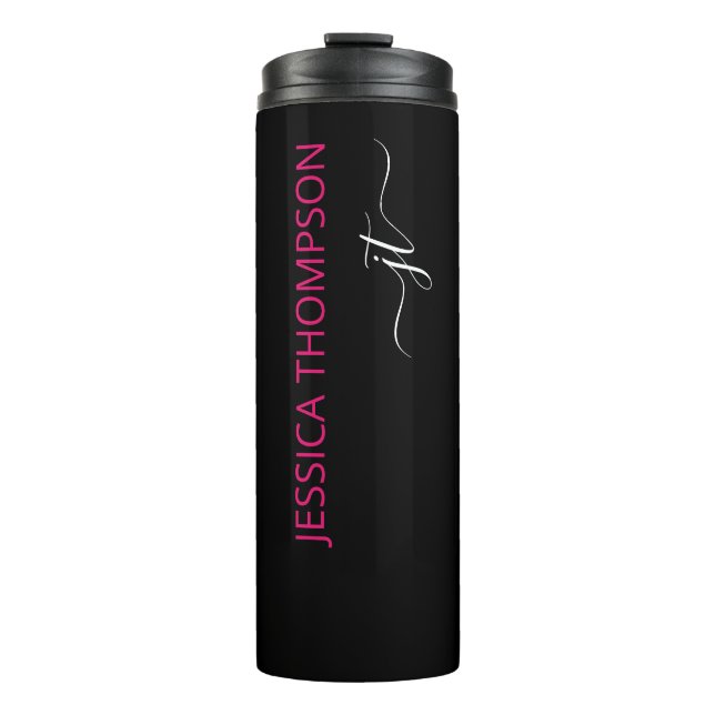 Modern Black Hot Pink Simple Script Monogram Name  Thermosbecher (Vorderseite)