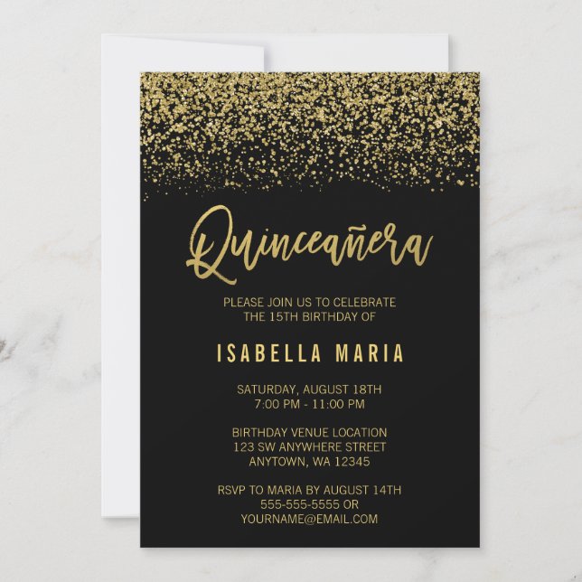 Modern Black Imitats Gold Glitzer Quinceanera Einladung (Vorderseite)