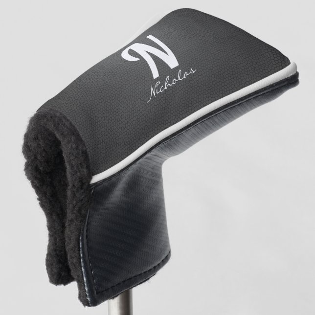Modern Black Leather Textur White Monogram Name Golf Headcover (3/4 Vorderseite)