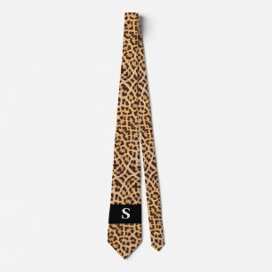Modern Black Leopard Print Monogram Mens Krawatte