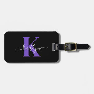 Modern Black Lila Script Monogram Gepäckanhänger