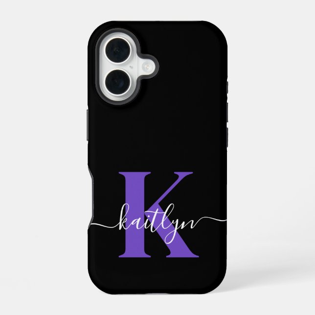 Modern Black Lila Script Monogram iPhone 16 Hülle (Rückseite)
