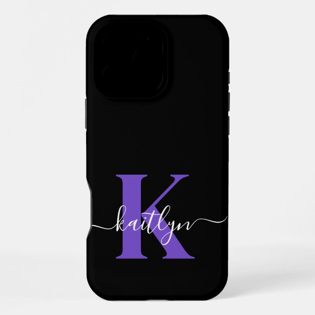 Modern Black Lila Script Monogram iPhone Hülle (Rückseite)
