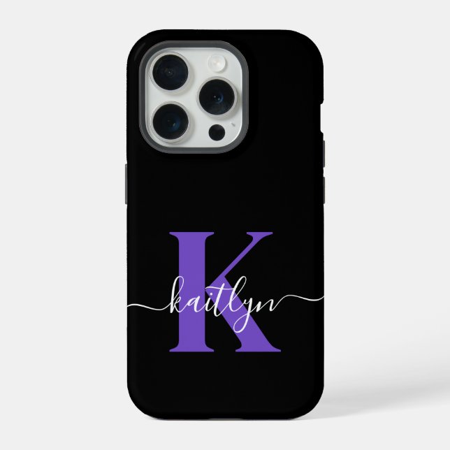 Modern Black Lila Script Monogram iPhone Hülle (Rückseite)
