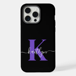 Modern Black Lila Script Monogram iPhone 15 Pro Max Hülle