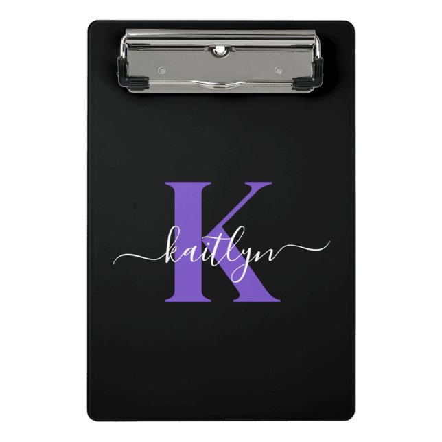 Modern Black Lila Script Monogram Mini Klemmbrett (Vorderseite)