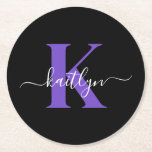 Modern Black Lila Script Monogram Runder Pappuntersetzer<br><div class="desc">Diese schlichten, eleganten Untersetzer mit schwarzem Rundpapier mit Ihrem Vornamen in einem trendigen Schriftart in Weiß, die über Ihren ersten Start in einem modernen Schriftart in lila Kappe tippen, sind ideal für den behalt von Tischen und Zählern, die frei von Wasserringen sind. Sie nehmen Tröpfchen auf, damit Sie sich keine...</div>
