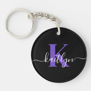 Modern Black Lila Script Monogram Schlüsselanhänger