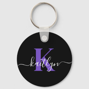 Modern Black Lila Script Monogram Schlüsselanhänger