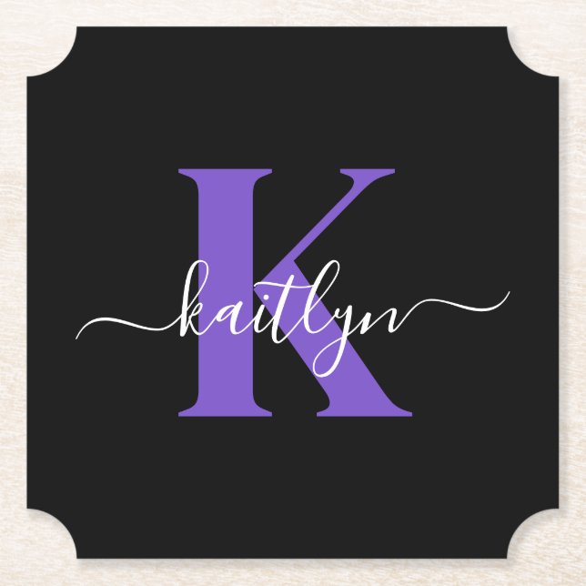 Modern Black Lila Script Monogram Untersetzer (Vorderseite)