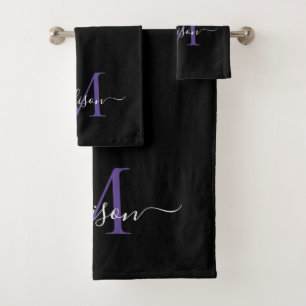 Modern Black Lila Violet Monogram Script Name Badhandtuch Set