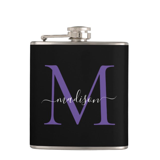 Modern Black Lila Violet Monogram Script Name Flachmann (Vorderseite)