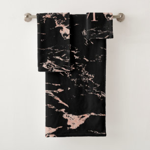 Modern Black Marble Rose Gold Foil Monogram Badhandtuch Set