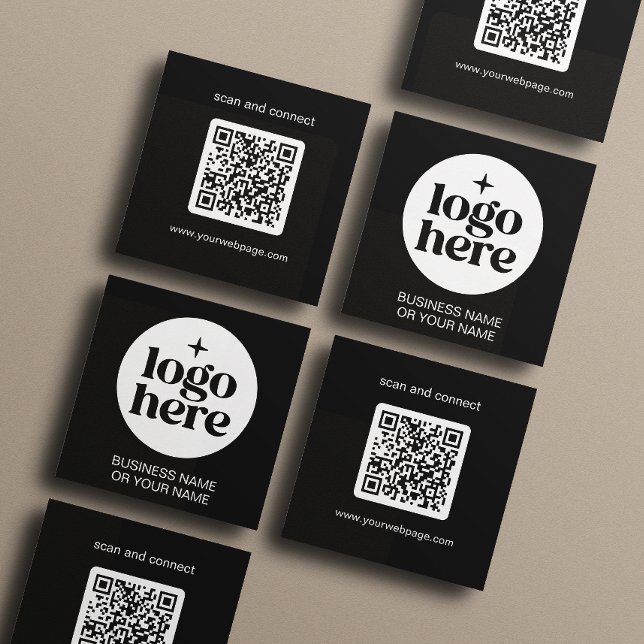 Modern Black Minimal QR Code Logo Quadratische Visitenkarte (Front and back of 2.5 inch square business card. Choose a corner and paper style.)