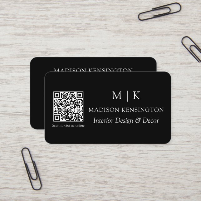 Modern Black Monogram oder Add Logo QR Code Visitenkarte (Vorderseite/Rückseite Beispiel)