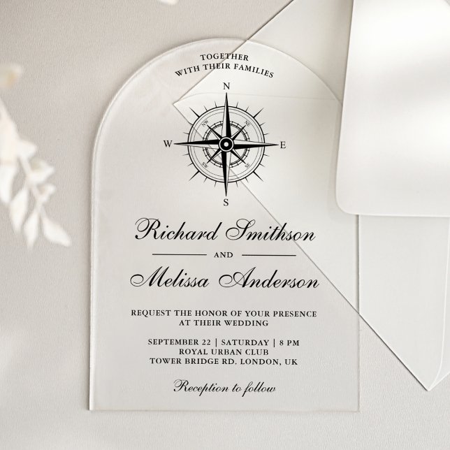 Modern Black Nautical Compass Wedding Acryleinladungen (Von Creator hochgeladen)