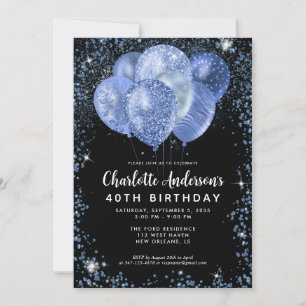 Modern Black Navy Blue Glitzer Balloon Birthday Einladung