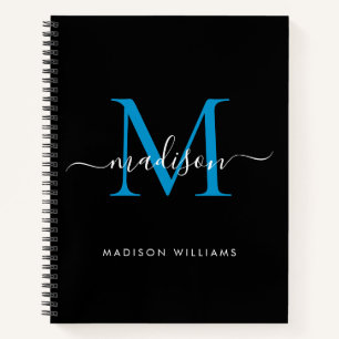 Modern Black Ocean Blue Girly Monogram Script Name Notizbuch