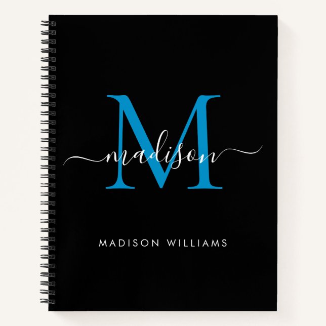 Modern Black Ocean Blue Girly Monogram Script Name Notizbuch (Vorderseite)