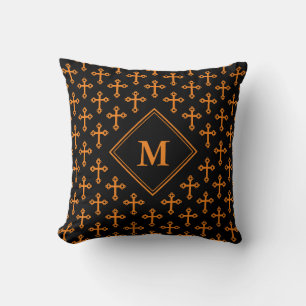 Modern Black Orange CROSS Monogramm Kissen