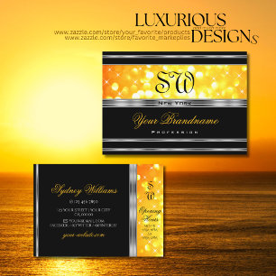 Modern Black Orange Glitzer Monogram Silver Border Visitenkarte