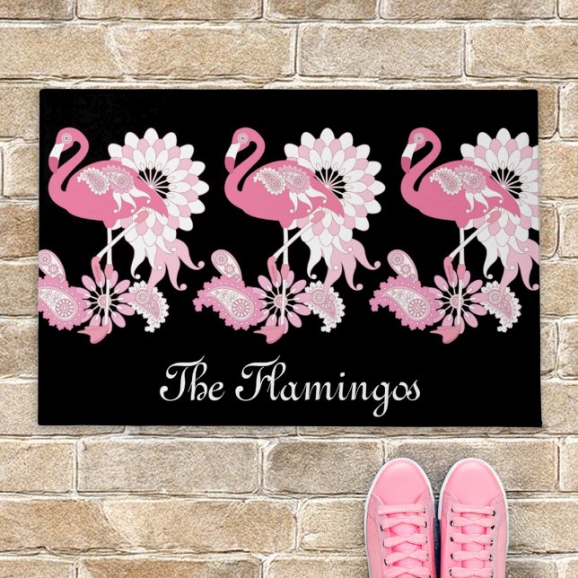 Modern Black Paisley Pink Flamingo Fußmatte (Von Creator hochgeladen)