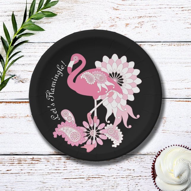 Modern Black Paisley Pink Flamingo Pappteller (Von Creator hochgeladen)