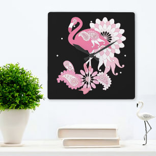 Modern Black Paisley Pink Flamingo Quadratische Wanduhr