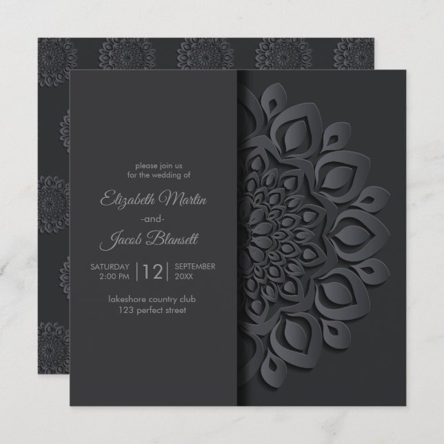 Modern Black Paper cut Mandala Peekaboo Wedding Einladung (Vorne/Hinten)