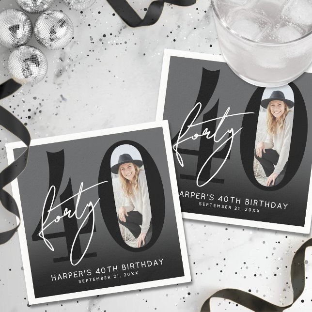 Modern Black Photo 40. Geburtstagsfeier Serviette (Modern Black Photo 40th Birthday Party Napkins )