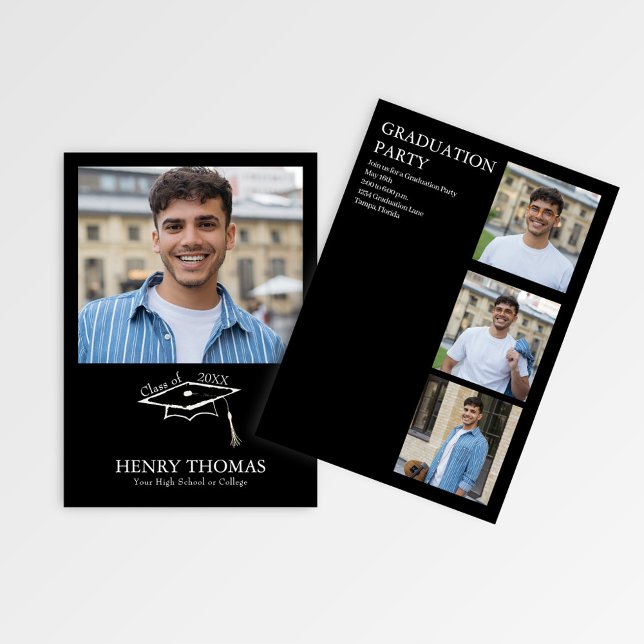 Modern Black Photo Graduation Party Announcement Einladung (Modern black graduation photo card with cap graphic and clean minimalist layout)