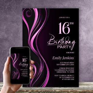 Modern Black Pink 16. Geburtstagsparty Einladung