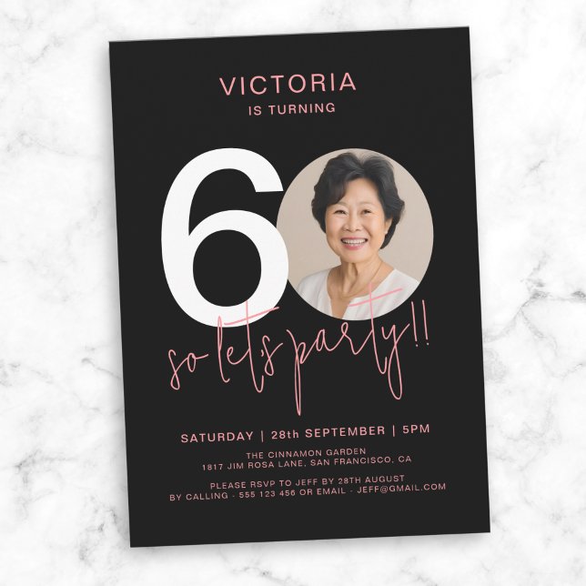 Modern Black Pink 60. Geburtstag Einladung (Modern Black Pink Photo 60th Birthday Invitation)