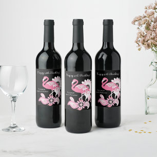 Modern Black Pink Flamingo Birthday Weinetikett