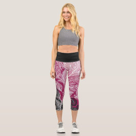 Modern Black Pink Floral and Leaf  Capri Leggings