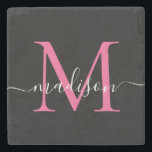 Modern Black Pink Monogram Feminine Script Name Steinuntersetzer<br><div class="desc">Eleganter Black Magenta Hot Pink Monogram Feminine Script Name Stone Untersetzer</div>