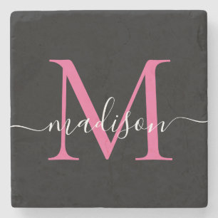 Modern Black Pink Monogram Feminine Script Name Steinuntersetzer