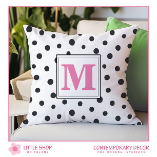 Modern Black Pink Polka Dots Monogram Kissen