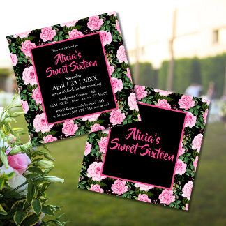 Modern Black Pink Roses 16 . Geburtstag Geburtstag