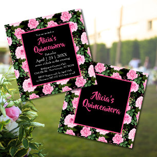 Modern Black Pink Roses Quinceañera Einladung