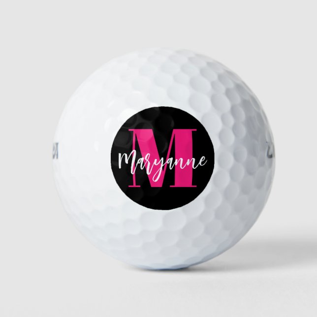 Modern Black Pink Script Monogram Golfball (Vorderseite)