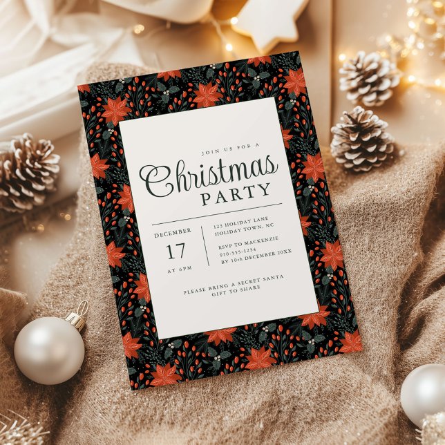 Modern Black Poinsettia Christmas Party Invitation Einladung (Poinsettia Season Christmas Party invite black)