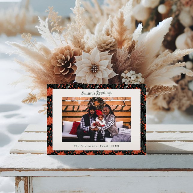 Modern Black Poinsettia Ein Foto Weihnachten (Poinsettia Season Christmas Card black)