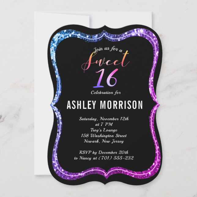 Modern Black Purplish Pink Glitzer Sweet 16 Einladung (Vorderseite)